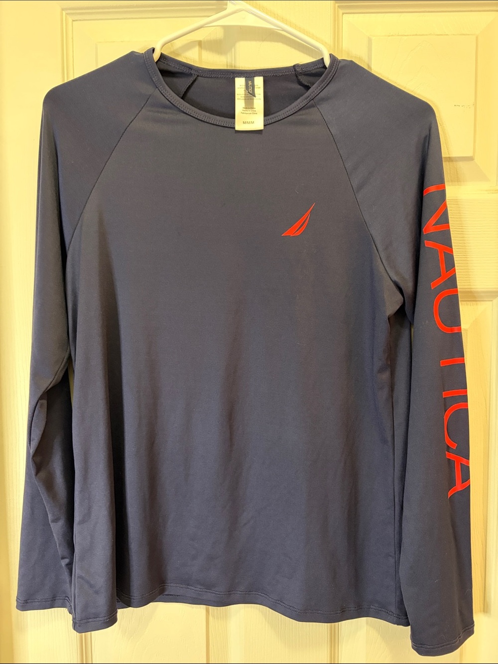 Nautica Navy Long Sleeve Tee with Red Logo and Sleeve Script SPF Protection